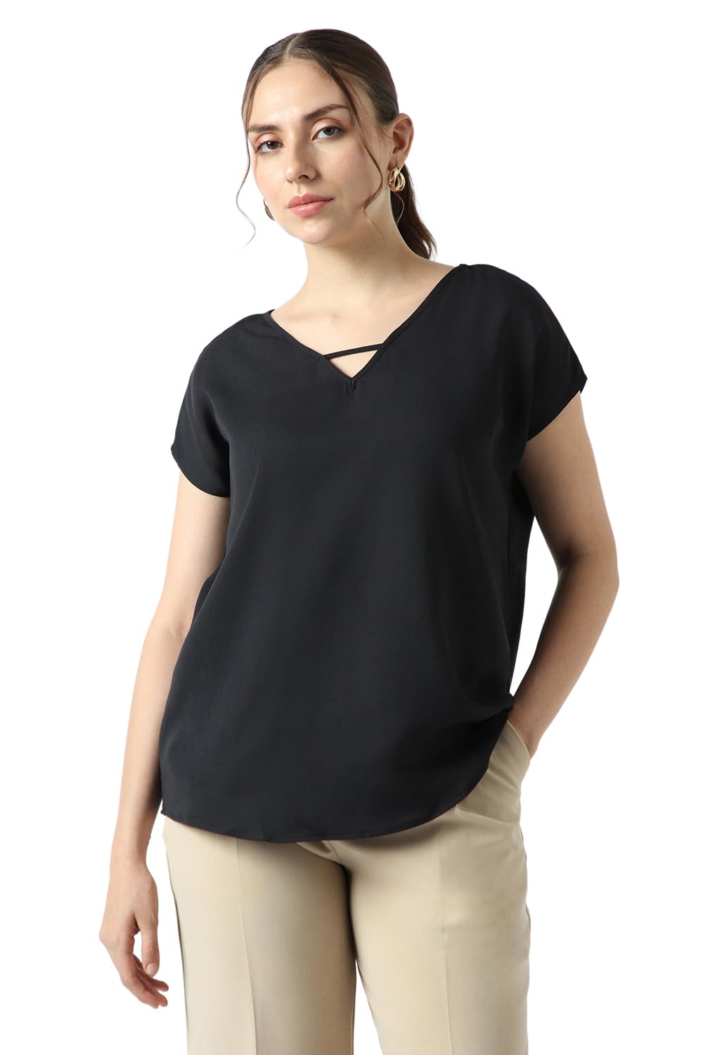 Women Black Solid Formal V Neck Top