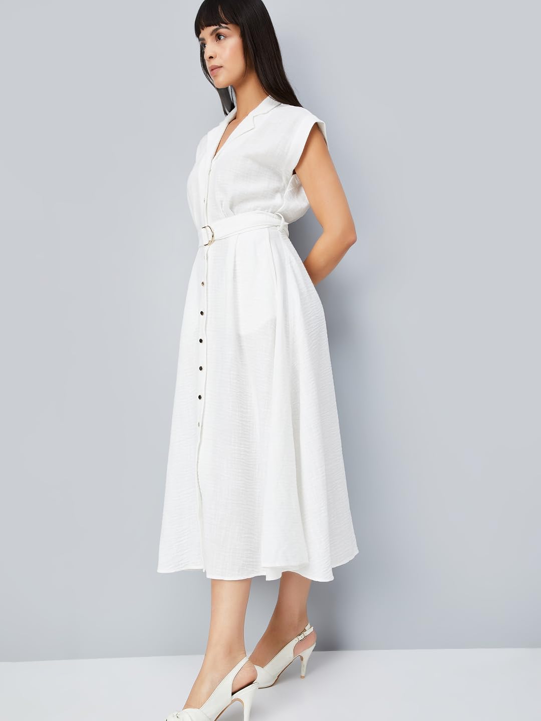 Max Women Solid A-line Belted Dress (Off White_S)
