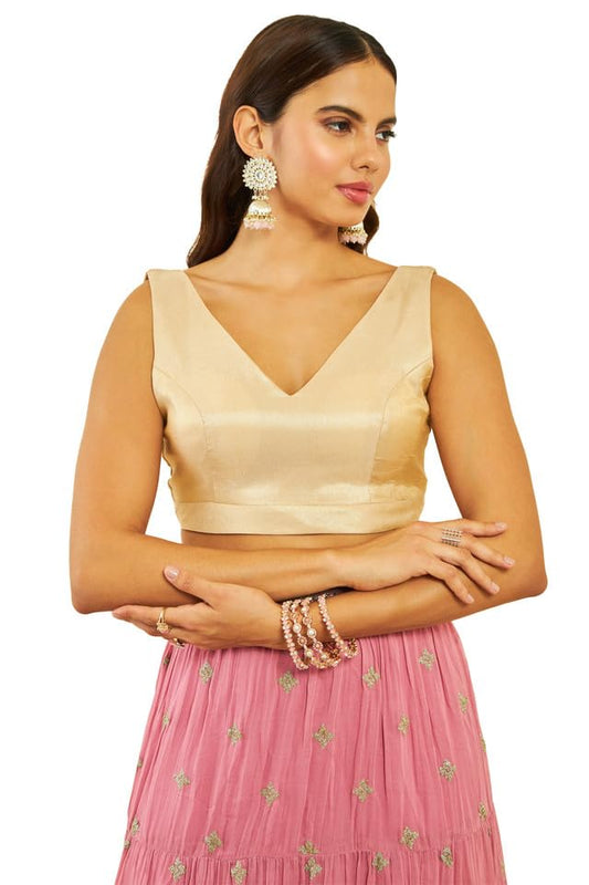 Soch Womens Gold Tussar V-Neck Back-Open Sleeveless Blouse