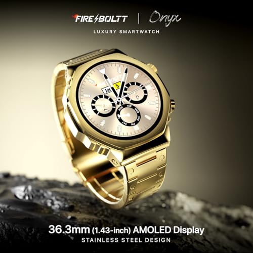 Fire-Boltt Onyx- 36.3mm AMOLED Always On Display Smart Watch, 466 * 466 High Resolution, Bluetooth Calling, Steel Design, IP67, 4GB Storage, 300+ Sports Modes, 130+ Watch Faces (Gold)