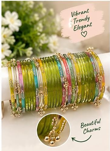 MEHNDI Colour Jelly Glass Bangles Set with Gold-Tone Floral Charms, Kashmiri bangles.