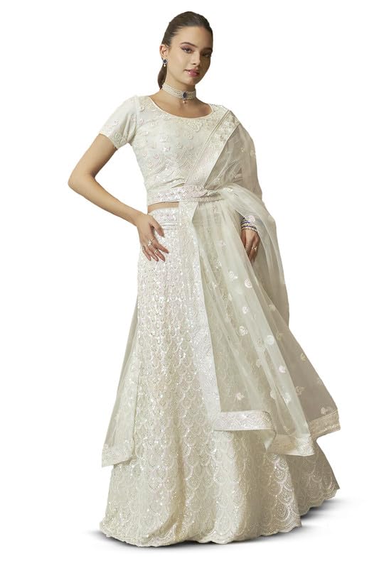 Soch Womens Cream Net All-Over Sequin Embellished Unstitched Lehenga Set with Belt