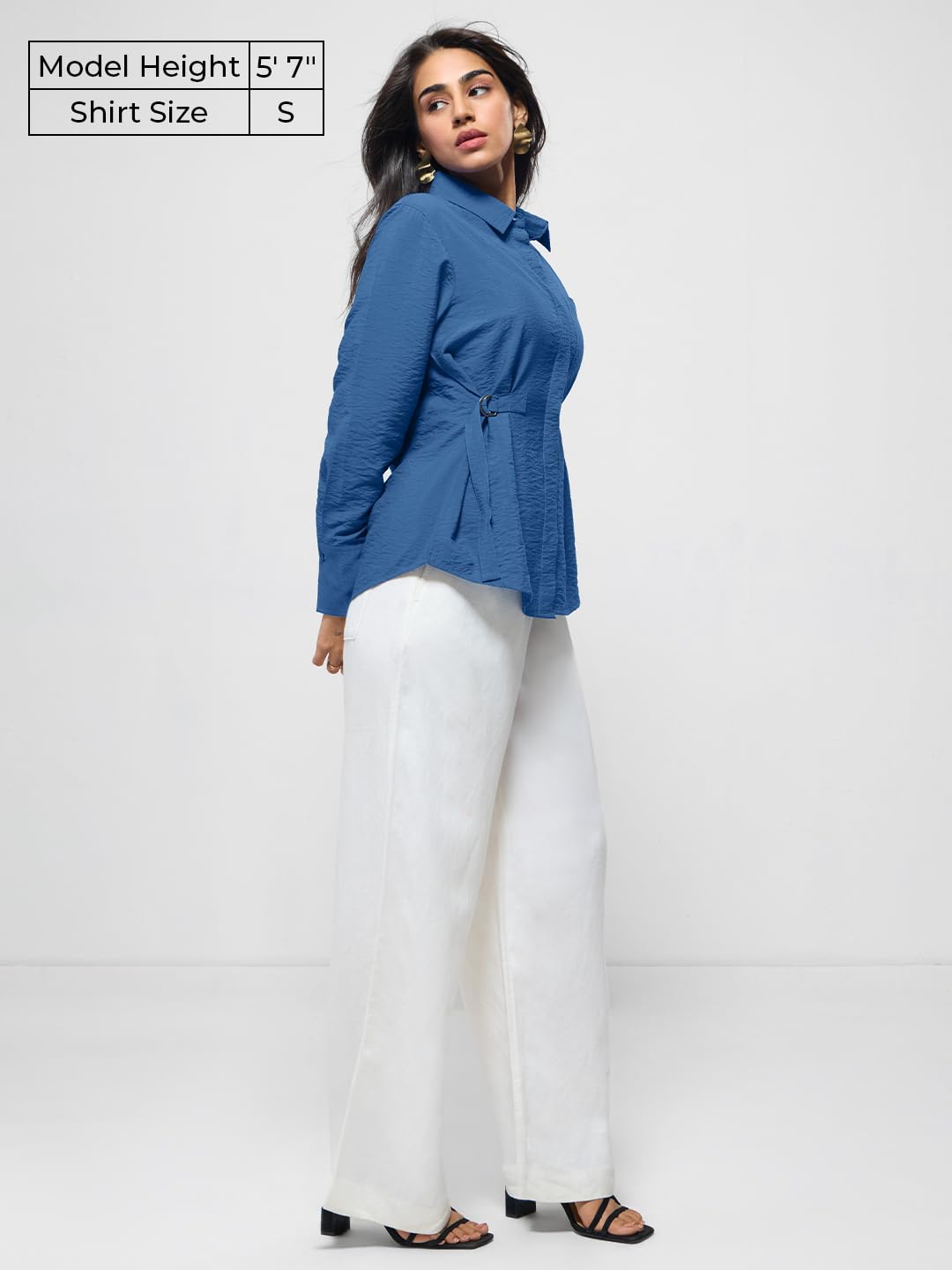 The Souled Store Buckle Shirt: Women and Girls Full Sleeves Spread Collar Solid Textured Viscose Nylon Blend Regular Fit Lightweight Summer-Ready Shirt