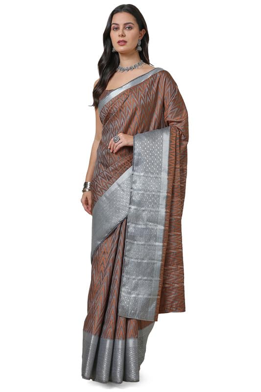 Soch Womens Grey Art Silk Chevron Woven Design Saree