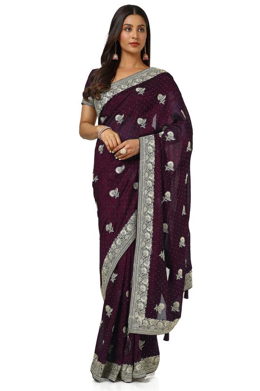 Soch Womens Wine Tussar Embroidered Saree With Stone Work