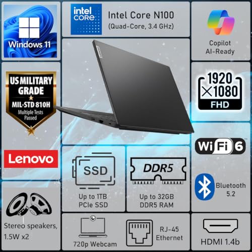 Lenovo 15.6" FHD Laptop for Student with Office 365, 16GB DDR5 RAM, 512GB PCIe SSD, Intel Quad-Core Processor, Copilot AI, WiFi 6, Bluetooth, USB-C, HDMI, Fast Charging, Long Battery, Windows 11