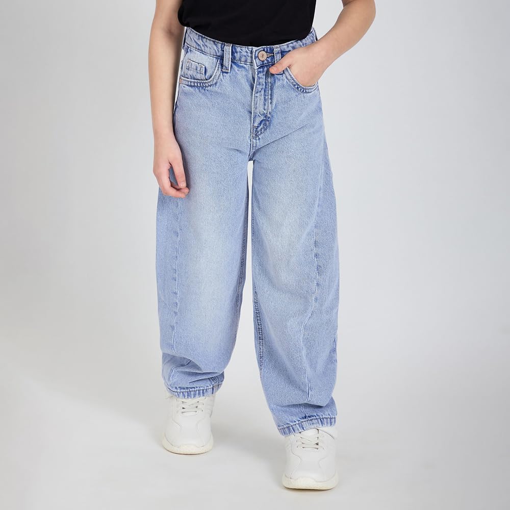 Hopscotch Girls Blue Pure Cotton Loose Fit Jeans (7-8 Years)