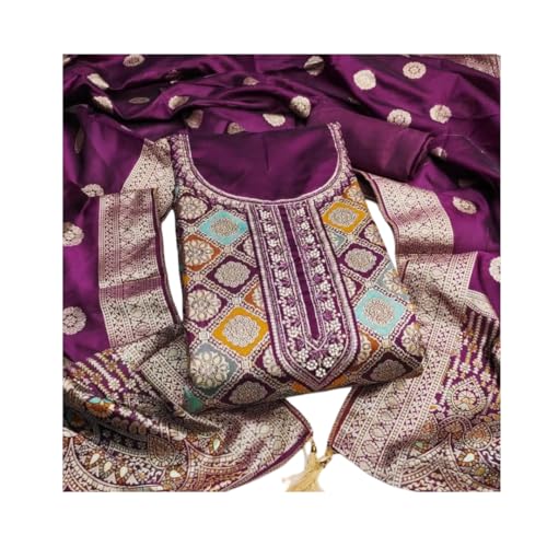 VARNI FABRICS Jacquard Dress Material for Women Geometric diamond Pattern Unstitched Woman Salwar Suit Dress Material With Jacquard Dupatta Dark Purple