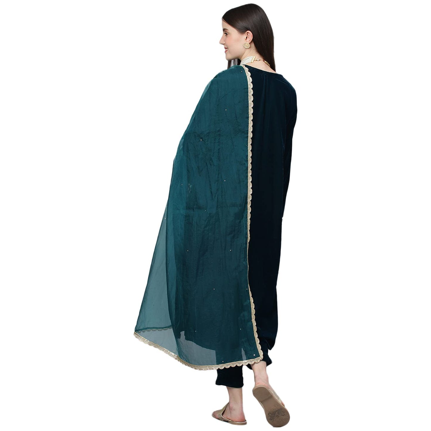 Divena Teal Green Valvet hand work Kurta pant With Organza Dupatta set