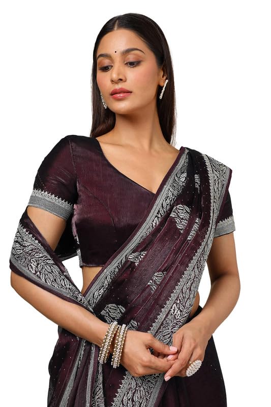 Soch Womens Wine Organza Zari Embroidered Saree With Stone Work