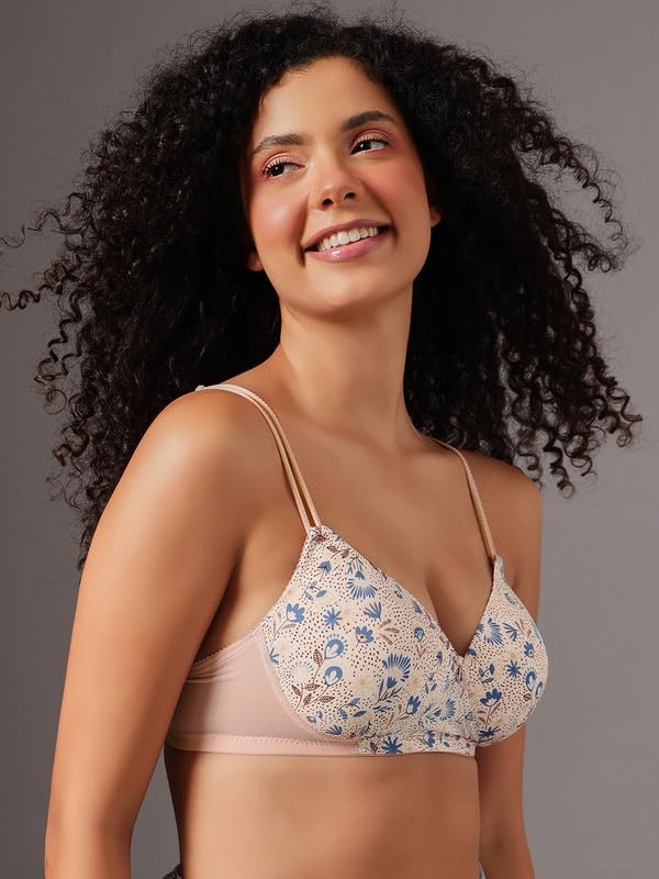 Clovia Women's Printed Padded Non-Wired T-Shirt Bra with Adjustable Dual Straps (BR1737D24_Peach_34D)