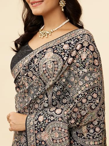 MOHEY Women's Georgette Paisley Embroidered Saree with Blouse Piece(Indigo Blue)