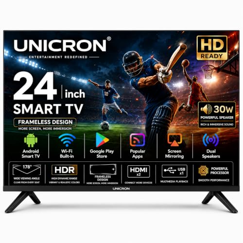 UNICRON 24”INCH Frameless HD Ready Android Smart LED TV | WiFi Enabled | Built-in Apps Compatible (YouTube, Netflix, Prime Video) | Screen-Mirror | HDMI, USB Connectivity & A+