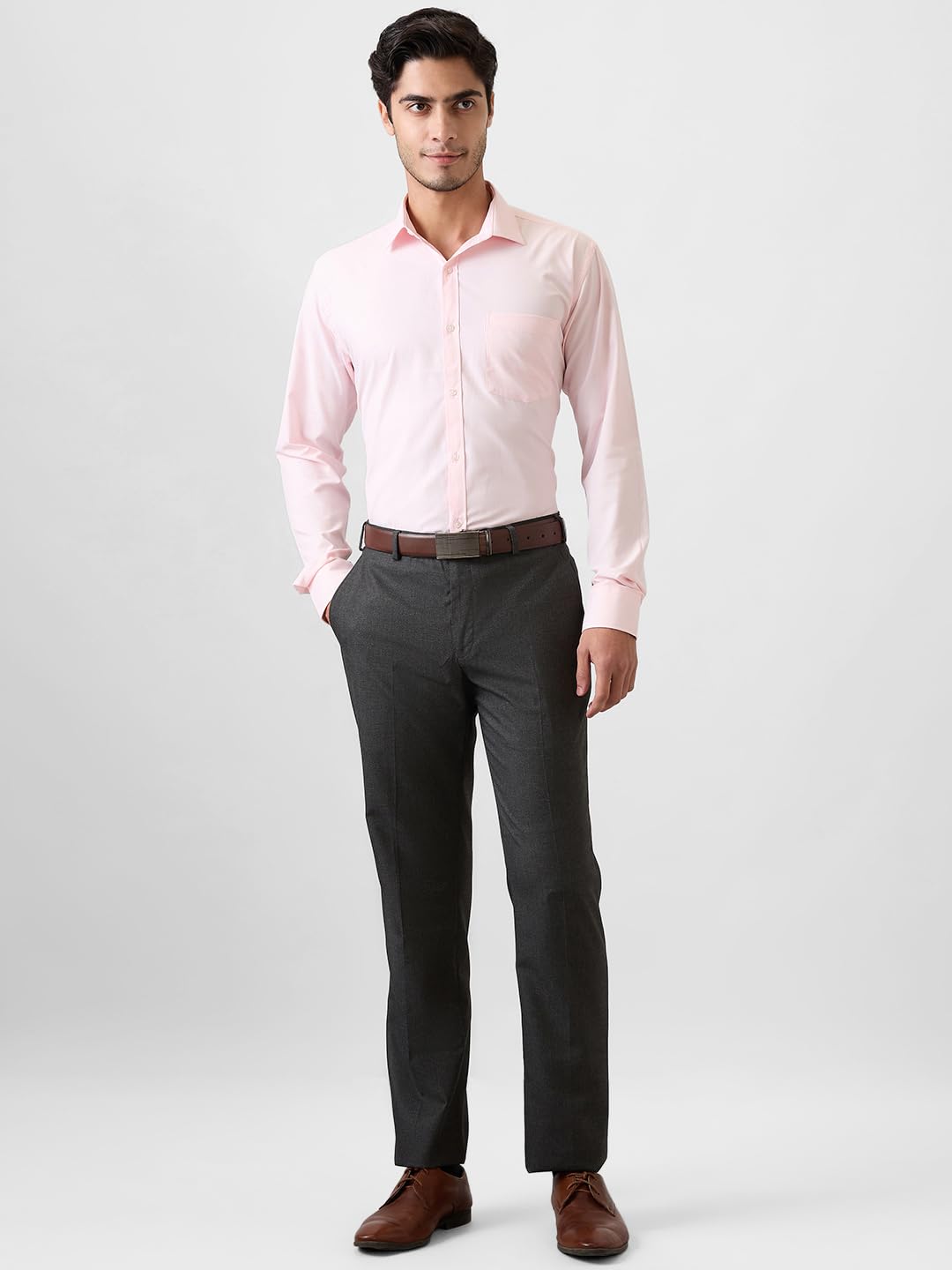 Park Avenue Men Regular Fit Solid Pattern Polyester Blend Flat Front Formal Trouser Dark Grey