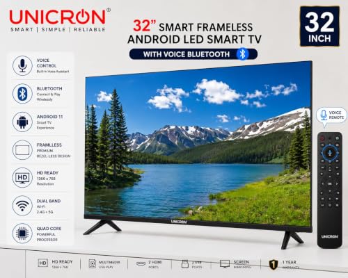 UNICRON 32 Inch Frameless Smart LED TV | Voice Control Android Smart TV | Bluetooth, WiFi, Screen Mirroring | HD Ready Display | HDMI, USB Connectivity | Smart Television for Home | Screen A+ TV