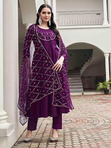 Womanista Women's Wine Color Pure Cotton Sequinns Embroidered Flared Kurta set(Kurtaset_1368_L)