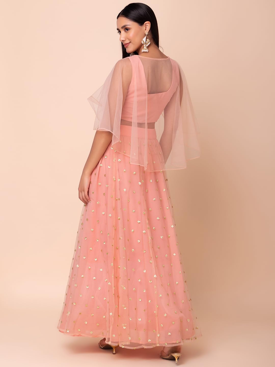 Indya Women's Mesh Lehenga Sets (ICO00531_Pink_S)