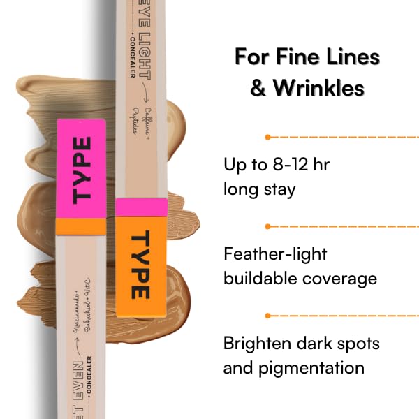TYPE BEAUTY INC. Eye Light Waterproof Concealer for Face Makeup with Caffeine & Peptides | Reduces Dark Circles, Puffiness & Spots | Crease-Free & Long-Lasting | For Women & Men - Cinaamon (60) | 8ML