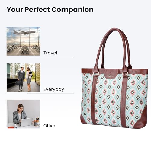 THE CLOWNFISH Miranda Series 15.6 inch Laptop Bag For Women Printed Handicraft Fabric & Faux Leather Office Bag Briefcase Hand Messenger bag Tote Shoulder Bag (Skyblue-Diamond Design)