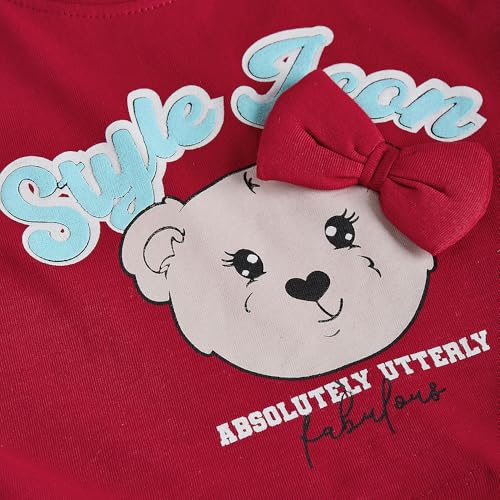 Hopscotch Girls Bow Applique Puppy Dress with T-Shirt in Red Color for Age (4-5 Years)