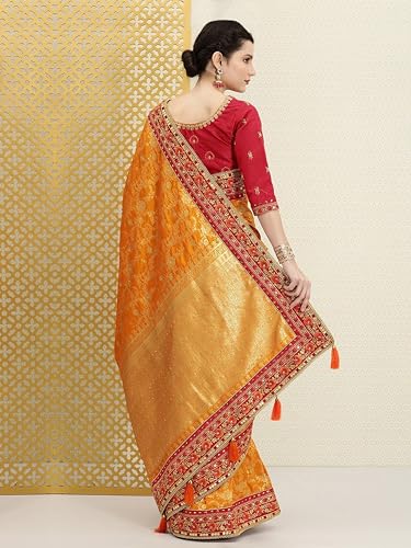 TRENDMALLS Women's Pure Silk Embroidery Work Saree with Unstitch Blouse Piece (K1113-Orange)