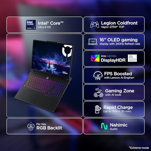 Lenovo Legion Pro 7 2025 Intel Core Ultra 9 275HX | NVIDIA RTX 5090 24GB (64GB RAM/1TB SSD/WQXGA OLED/240Hz/16 (40.6cm)/Windows 11/Office 2024+AI Now/Black/2.5Kg), 83F500D8IN AI Powered Gaming Laptop