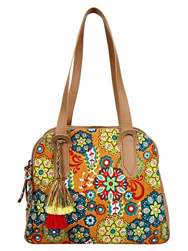 Anekaant Florid Printed Canvas & PU Shoulder Bag Beige & Multi