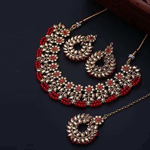 Shining Diva Fashion Latest Stylish Traditional Fancy Kundan Choker Necklace Set for Women (11596s, Red)