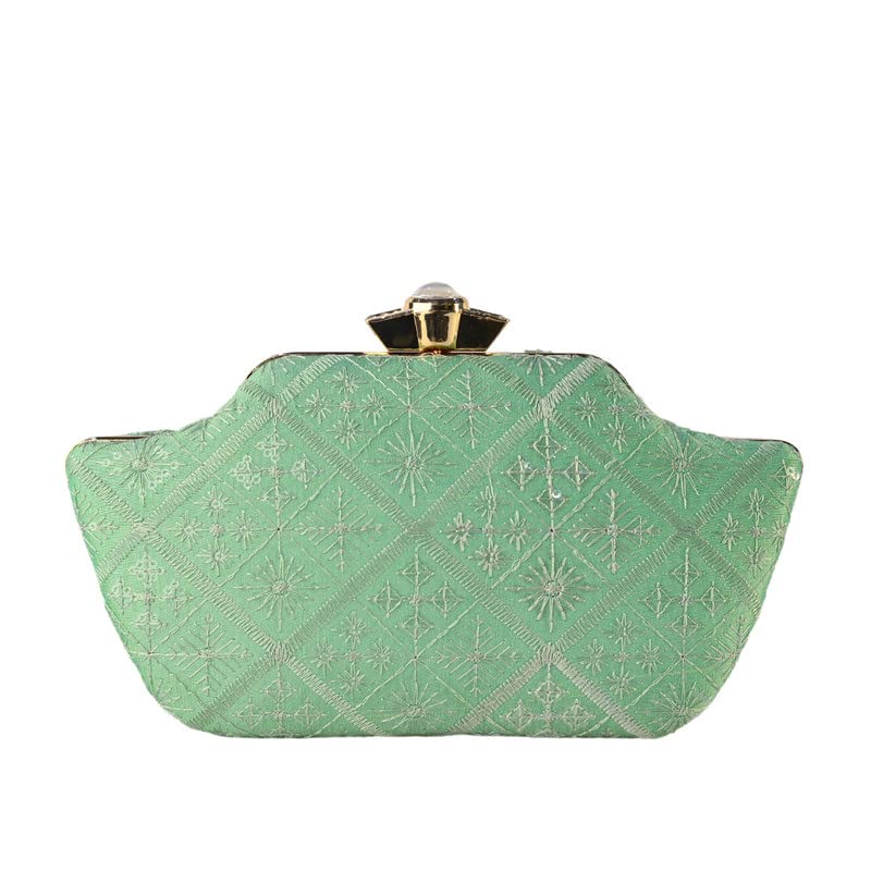 Artklim Pastel Green Boat Shaped Clutch With Sequines