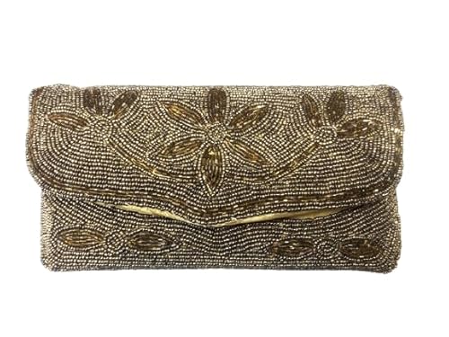 OLL OO LA LA BEAUTY Womens Handcrafted Beaded Clutch Purse, 25 Cm X 15 Cm, Golden Brown Color