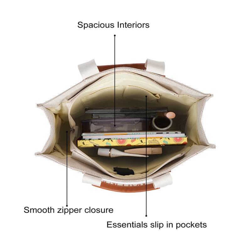 United Colors of Benetton Women's Giada Canvas Tote Bag - Off White & Tan | Spacious Everyday Tote with Zipper | Stylish Handbag for Women | Ideal for Gifting