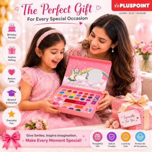 PLUSPOINT Unicorn Kids Makeup Kit for Girls | Pretend Play Beauty Set | Non-Toxic Washable Makeup Toy | Eyeshadow, Blush, Lip Gloss & Accessories | Birthday Gift for Girls Age 5+ Years