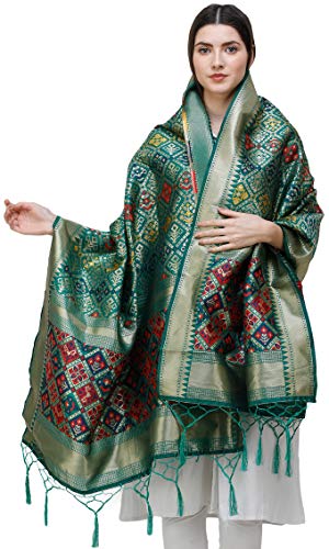 Exotic India Brocade Dupatta from Gujarat with Brocade Weave - Color Juniper GreenColor Free Size