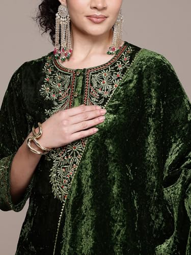 Aarke Ritu Kumar Bottle Green Nazara Festive Round Neck Kurta With Pant And Dupatta