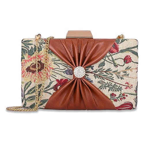 THE CLOWNFISH Ritzy Collection Womens Party Clutch Ladies Wallet with Chain Strap Evening Bag with Fashionable Button Closure (Flax)