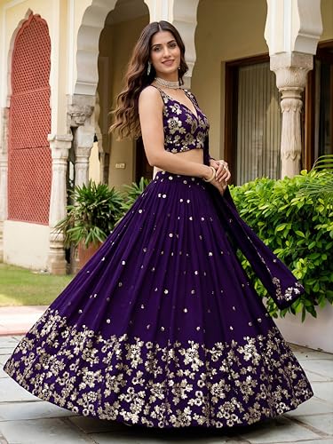 Zeel Clothing Women's Sequins and Thread Embroidered Work Georgette Lehenga Choli With Dupatta (6015-Purple-Women-Lehenga-Choli-Latest; Free size)