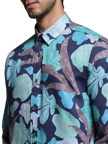 Jack & Jones Men Floral Print Slim Fit Blue Shirt