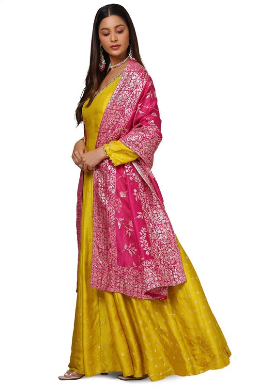 Soch Womens Mustard Silk Blend Zari Woven Panelled Gown with Beads and Stones