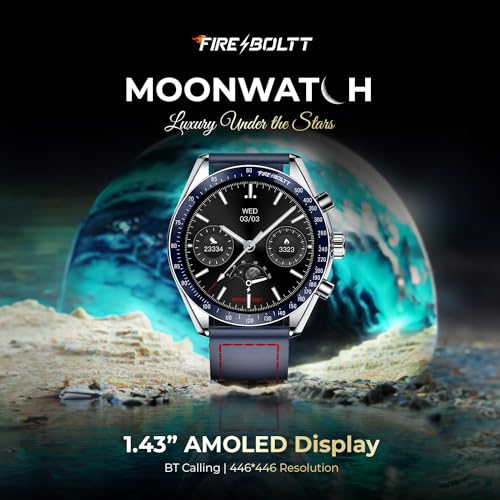 Fire-Boltt Moonwatch 36.3mm (1.43 inch) AMOLED Display, Wireless Charging, Metallic Frame, Premium Leather Straps, Complete Health Suite, Bluetooth Calling, Sports Modes (Blue)