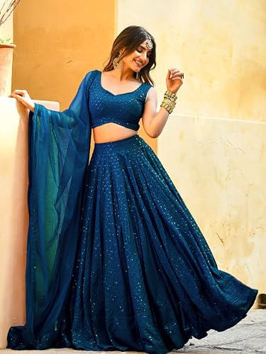 Zeel Clothing Women's Sequins Thread Embroidered Georgette Lehenga Choli With Dupatta (5124-Women-Lehenga-Choli-Latest,Free size) (Blue)