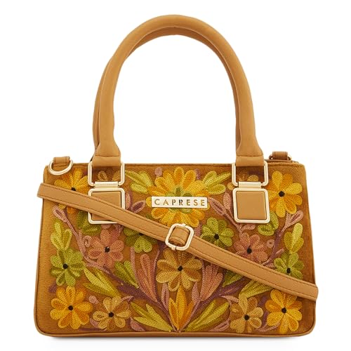 Caprese Siji Tresna Medium Satchel Bag for Women with Adjustable & Detachable Strap | Kashida Embroidery Shoulder Bag | Crossbody & Handheld Bag for Work, Travel, and Everyday Use (Brown)