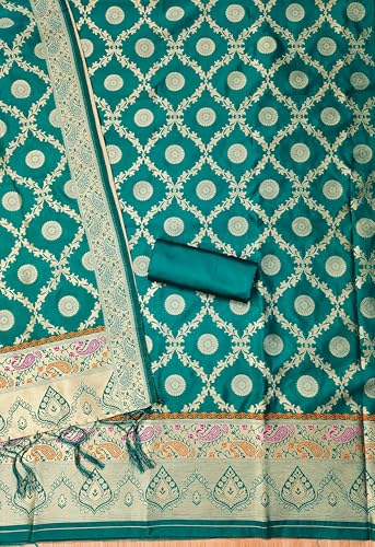 SHANTVAN GALLERY Pure Zari Silk Suit Dress Material for Woman premium banarasi dress materials for women with soft silk top bottom and dupatta unstitched set in elegant Mango design - Teal