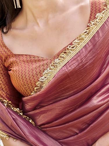 Womanista Women's Organza Solid Embellished Lace Saree With Un-Stitched Blouse, Pink