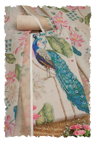 Soch Womens Beige Linen Shimmer Botanical Print Unstitch Dress Material With Sequins