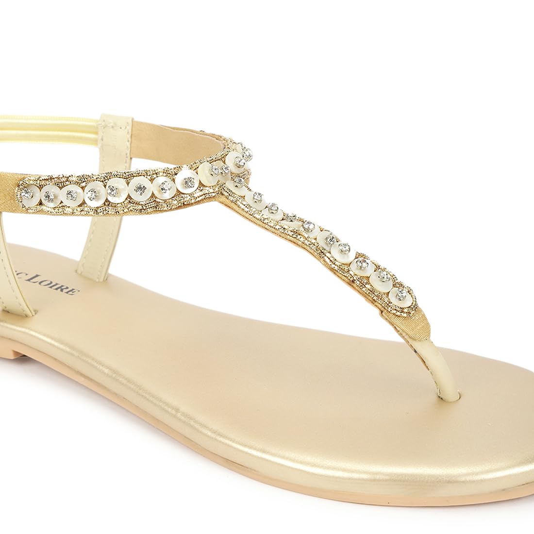 Marc Loire Embellished T-Strap Flat Fashion Sandals for Women (Gold, UK Footwear Size System, Adult, Women, Numeric, Medium, 3)