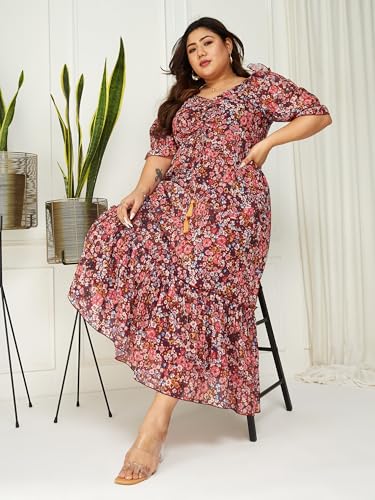 Miss Chase A+ Women's V Neck Puff Sleeve Floral Ankle Length Dress (APAW21D06-35-252-10, Multicolored-Base-Wine, 5XL)