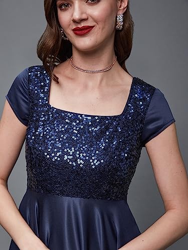 Miss Chase Women's Square Neck Short Sleeve Embellished Polyester Fit & Flare Maxi Dress (MCAW22D99-88-BCF-07, Maqui Blue, 2XL)
