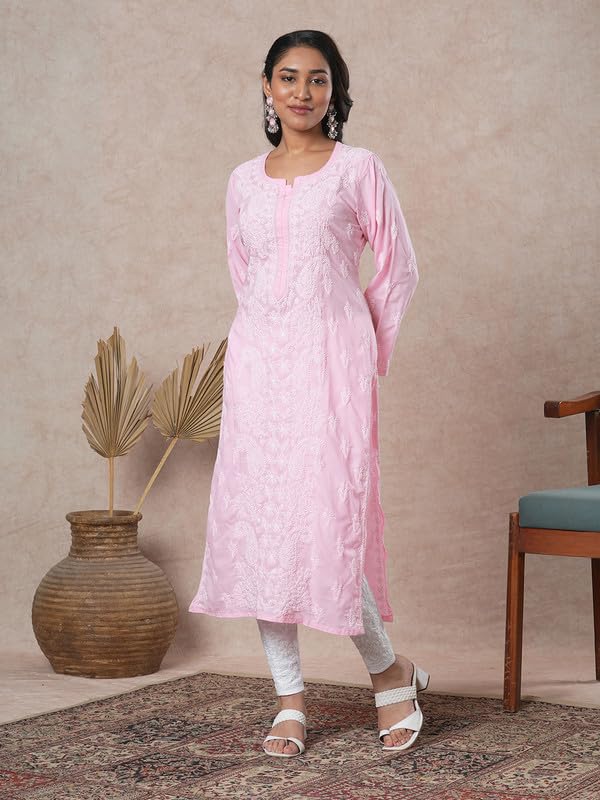 Ada Hand Embroidered Lucknowi Chikankari Cotton Straight Kurta Kurti for Women A411680 Pink (2XL)