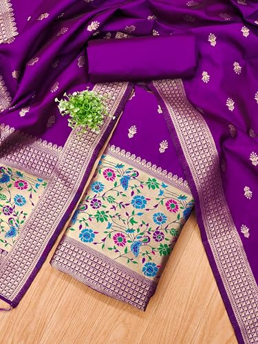 SHANTVAN GALLERY Pure Zari Banarasi Silk Suit Dress Material for Woman Premium Banarasi Dress Materials for Women Unstitched Soft Silk Top Bottom Dupatta Mor Jal Design, Purple