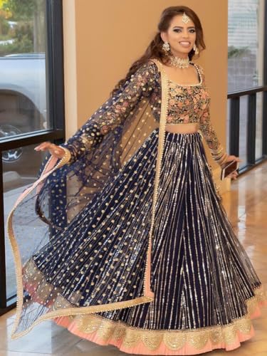 Zeel Clothing Sequins Thread Embroidered Work Soft Net Semi Stitched Lehenga Choli With Dupatta (7068-Blue-Women-Lehenga-Choli-Latest; Free Size)